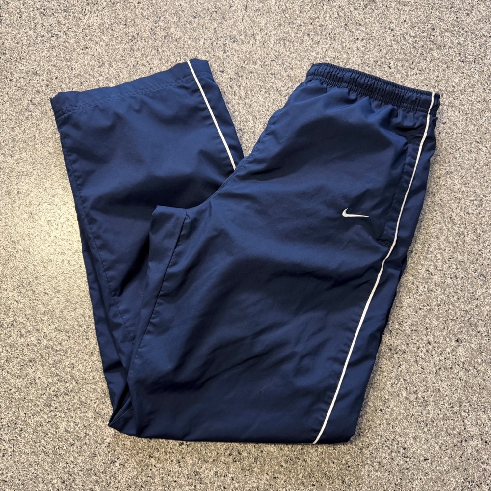 Nike Track Pants Mens L Navy Blue Mesh Lined White Piping Ankle Zip VTG Y2K